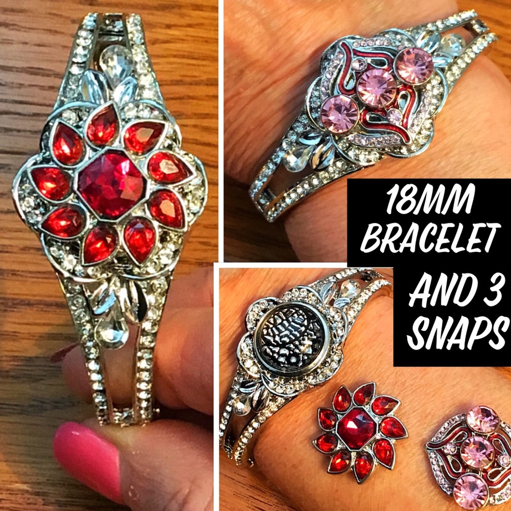 Hinged Bling Bracelet has 3 Snaps, 18mm, See Pics